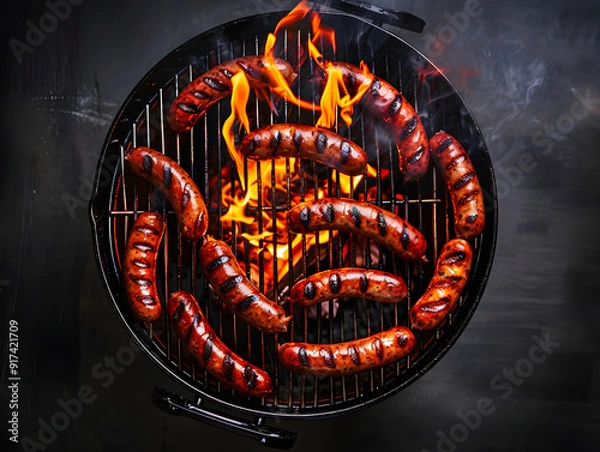 Fototapeta Fried sausages and sausages on the grill, subject photography, banner, top view,