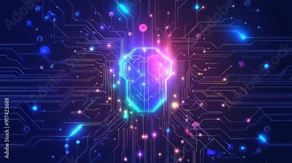 Fototapeta Abstract Neon Circuit Board with Glowing Lines and Shapes