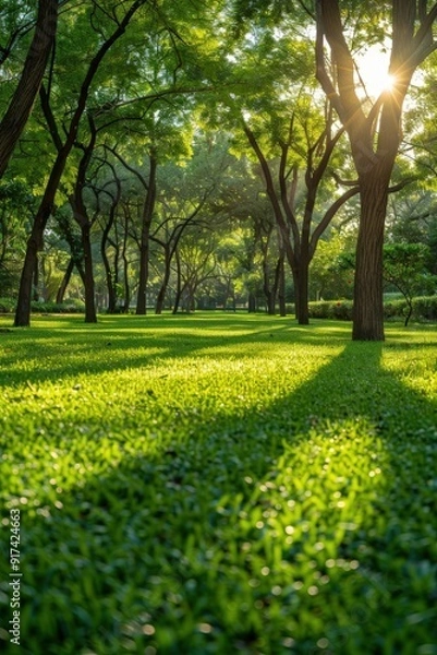 Fototapeta Lush green park with sun filtering through trees in the afternoon