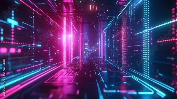 Fototapeta A futuristic tech grid with glowing neon lines and digital nodes, creating a sense of depth and movement, with highlights of bright cyan and magenta adding a dynamic contrast 
