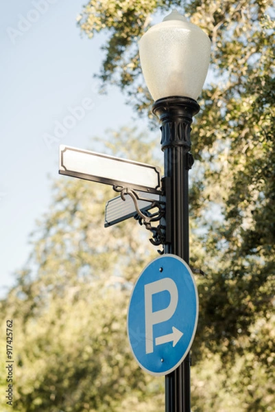 Obraz Round blue P for Parking sign on a pole with a street sign above, copy space