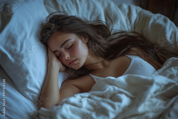 Fototapeta Serene young woman peacefully sleeping in bed with flowing brown hair, wrapped in soft white linens, capturing the tranquility and calmness of a restful night