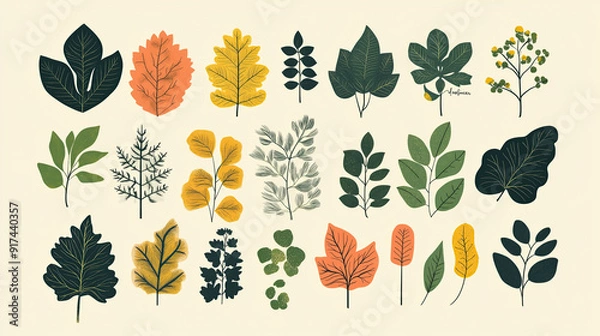 Obraz minimalistic illustration of different common leaves of trees and natural motives 
