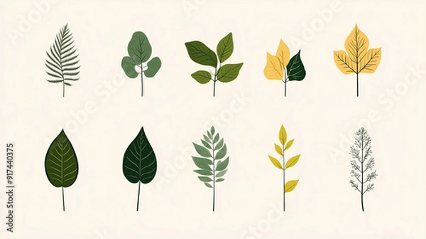 Obraz minimalistic illustration of different common leaves of trees and natural motives 
