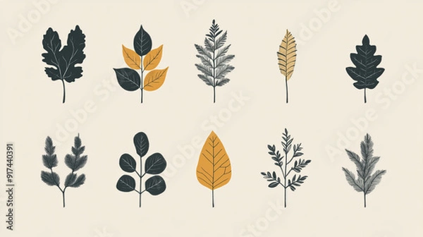 Obraz minimalistic illustration of different common leaves of trees and natural motives 