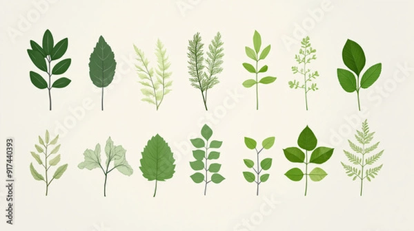 Obraz minimalistic illustration of different common leaves of trees and natural motives 