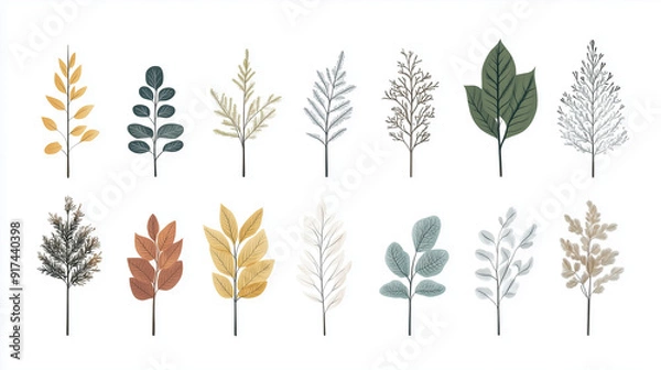 Obraz minimalistic illustration of different common leaves of trees and natural motives 