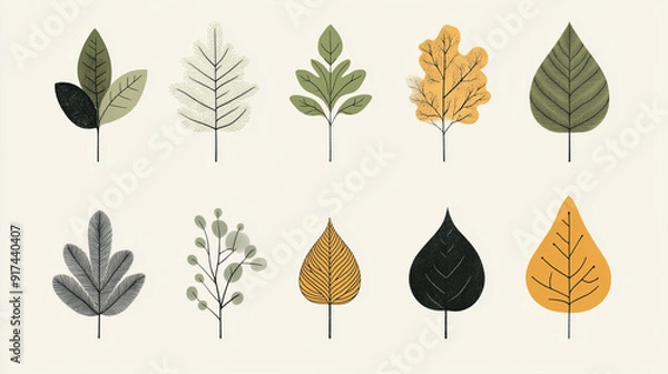 Obraz minimalistic illustration of different common leaves of trees and natural motives 