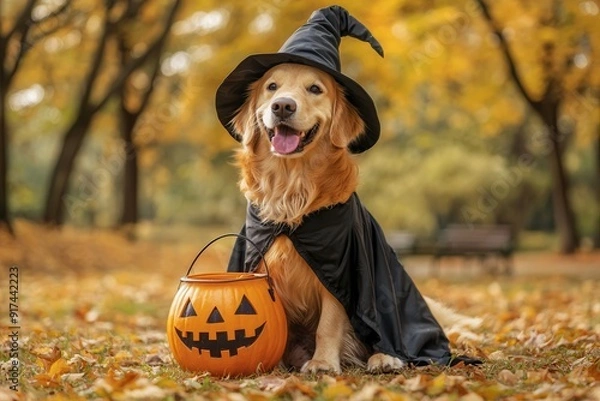 Fototapeta happy golden retriever dog dressed as a wizard
