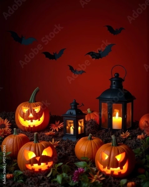 Fototapeta A spooky Halloween scene featuring glowing jack-o'-lanterns, black pumpkins, lanterns, and flying bats, set against a deep red backdrop with autumn foliage.