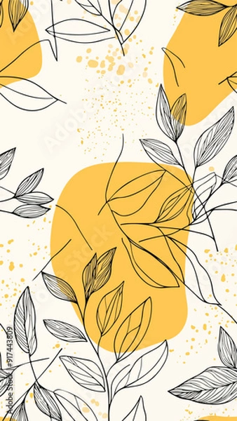 Fototapeta A seamless vertical social media background in yellow floral botanical theme, delicate line drawing in minimalist abstract style. Vertical social media, wallpaper and textile pattern can be tiled