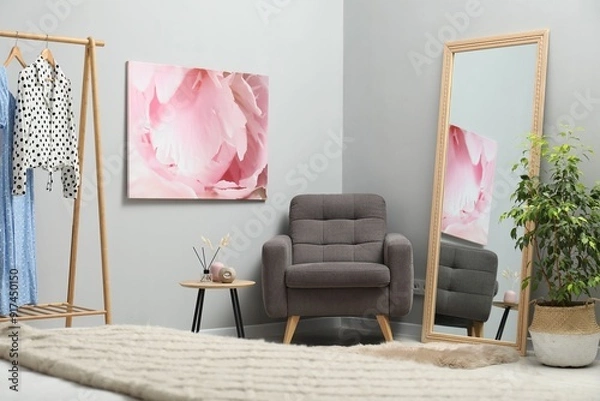 Fototapeta Large mirror near light gray wall in room. Interior design