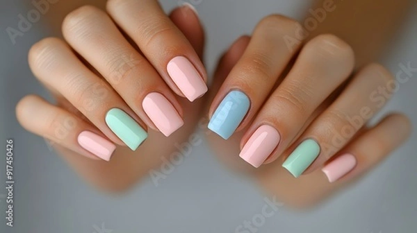 Fototapeta Cute pastel blue and pink nails with simple shapes, minimal design, with dots and lines, in the shape of elongated oval strokes, in an illustration style, cute and playful, for Instagram post