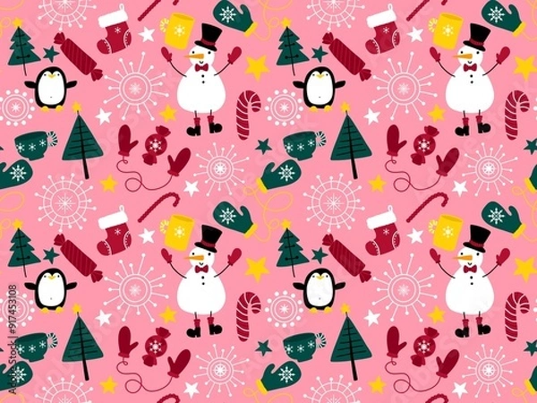 Fototapeta Winter seamless snowman pattern for fabrics and textiles and packaging