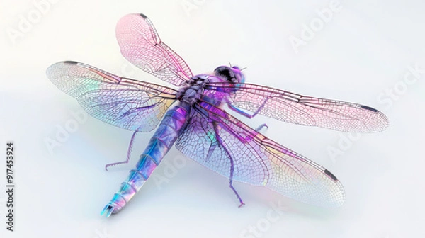 Fototapeta Close-up of a vibrant dragonfly on a white background, highlighting the beauty of nature and delicate details. Perfect for environmental campaigns, nature conservation, and educational purposes. 