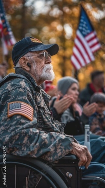 Fototapeta Powerful image of a wheelchair-bound veteran watching a Veterans Day parade, his face reflecting pride and nostalgia, set against a background of spectators clapping and waving flags.