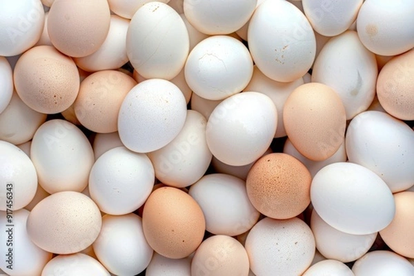 Fototapeta Close-up of many white eggs background.. Beautiful simple AI generated image in 4K, unique.