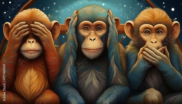 Fototapeta Illustration of the three monkeys, also known as the "Three Wise Monkeys" or "Three Mystic Monkeys",  Japanese pictorial maxim th.at represent the proverb "see no evil, hear no evil, speak no evil". 