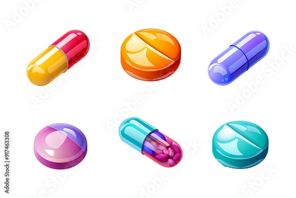 Fototapeta Set of colorful medical pills or capsules of various kinds isolated on transparent background. Tablet, vitamin and food supplement. Medical and healthcare concept. Collection of tablets for design