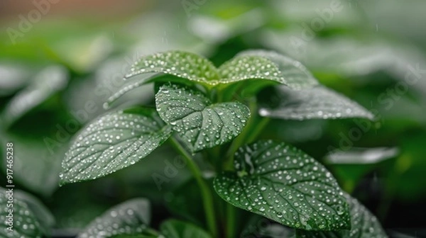 Fototapeta Lush Green Leaves With Dew Drops in a Serene Indoor Garden Setting