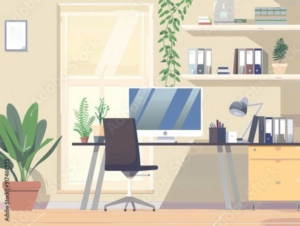 Fototapeta Modern home office interior with plants and organized shelves in a well-lit workspace during the day