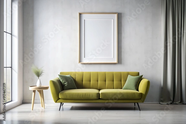 Fototapeta Mockup with empty frame to advertise your painting or poster in a modern minimalist apartment interior in yellow green pastel colors