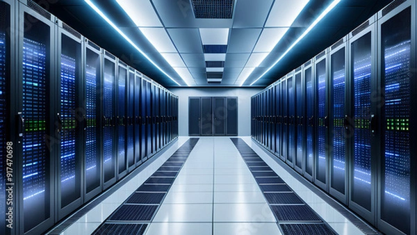 Fototapeta Futuristic Data Center Corridor with High-Speed Data Transfer