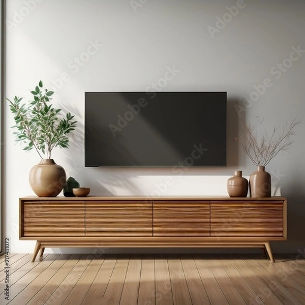 Fototapeta Television put on tv stand wood table, in minimal empty space living room background white wall, created with Generative Ai Technology
