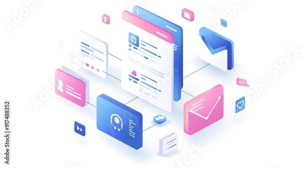 Fototapeta Minimalist White Background App Design with Floating Boxes in Blue and Pink