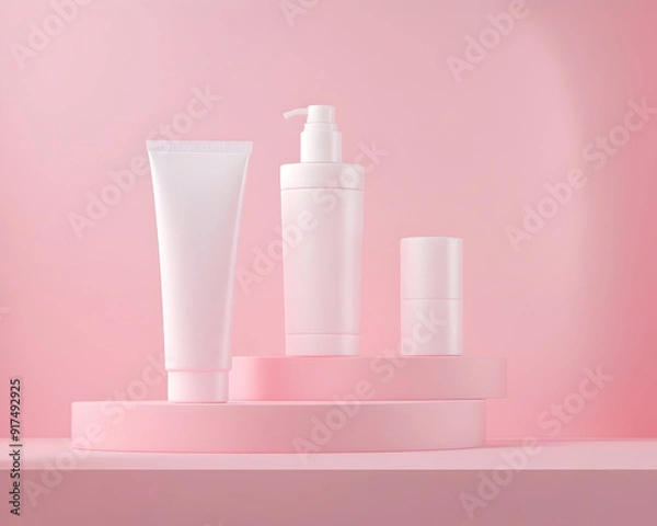 Fototapeta 3D illustration of blank cosmetics packages isolated on a pink background