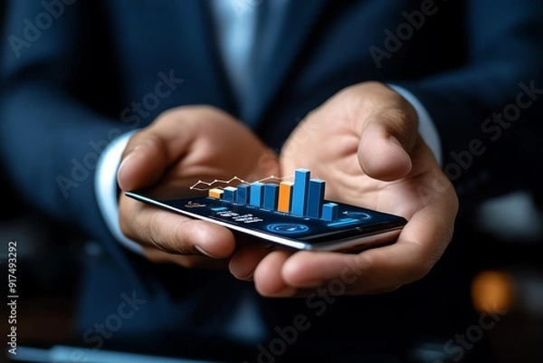 Fototapeta Businessman holding smartphone displaying rising bar chart, symbolizing growth, technology, and financial success.