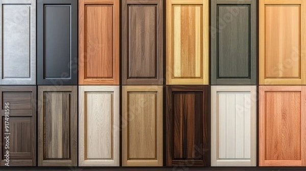 Obraz A row of wooden cabinets with different colors and textures