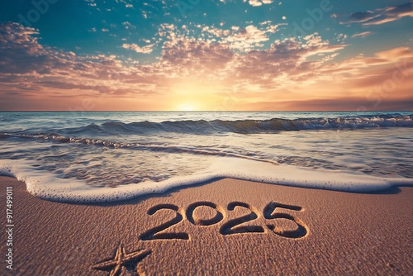 Fototapeta Sunrise at the beach with starfish, gentle waves, '2025' written in the sand, and colorful sky