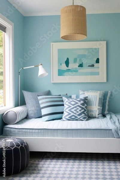 Fototapeta A cozy daybed with pillows and a woven pendant light, located in a light blue room.