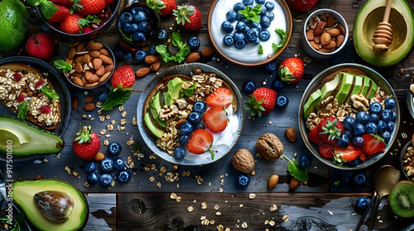 Fototapeta healthy food table top view featuring avocado toast, fresh fruits like strawberries and blueberries, bowls of yogurt with granola and nuts, directly above view, all arranged on a rustic wooden table.