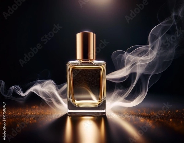 Fototapeta Mock-up of cosmetic product. Glass bottle of perfume with smoke on black background with shiny lights
