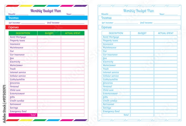 Fototapeta  An Illustration of Monthly Budget Planner Templates in cmyk mode. Ready to print.