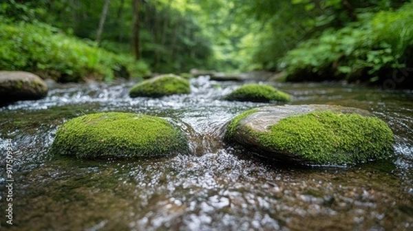 Obraz Serene forest stream with mossy rocks