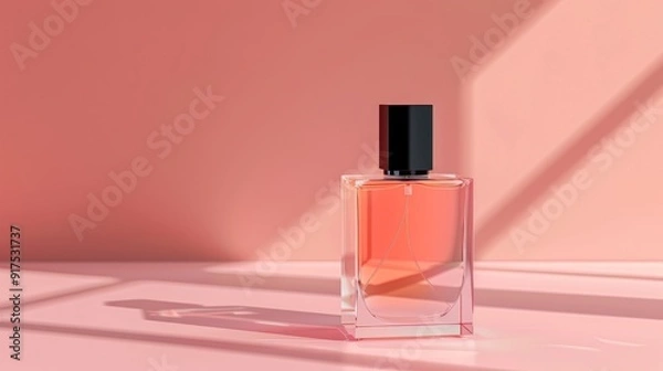 Fototapeta A glass perfume bottle with a black lid on a pink background.