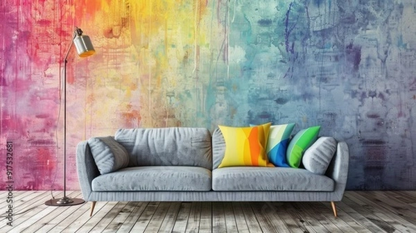 Obraz A contemporary gray sofa and a vintage dual-headed lamp on a wooden floor with a vibrant backdrop