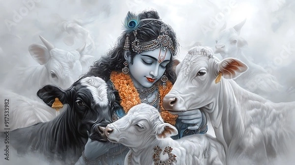 Fototapeta Artistic portrayal of Lord Krishna in his avatar as the divine cowherd, surrounded by cows, representing love and care for all beings, traditional art style, copy space for text,
