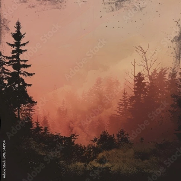 Fototapeta The image depicts a forest of silhouette trees against a redorange sky with fog or mist