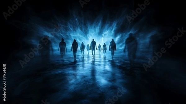 Fototapeta Dark and twisted carnival with eerie lighting, ghostly figures floating among the shadows, an abstract and spooky Halloween atmosphere, surreal and ominous, copy space for text,