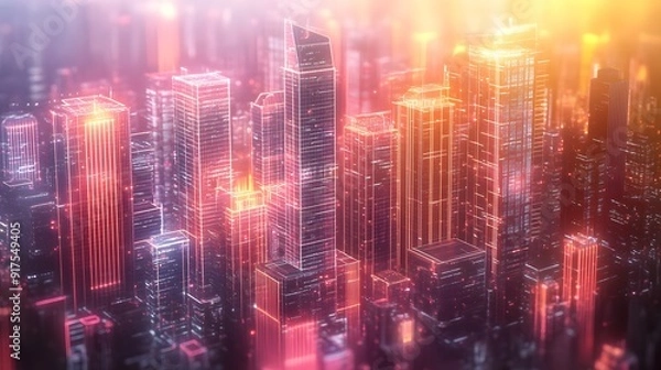 Fototapeta Digital Cityscape with Luminous Skyscrapers and Data Streams, Symbolizing Technological Integration in Urban Life