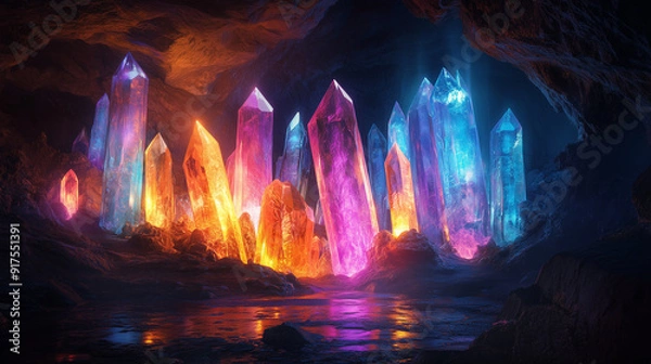 Obraz Hidden cave with large glowing crystals in a magical underground scene