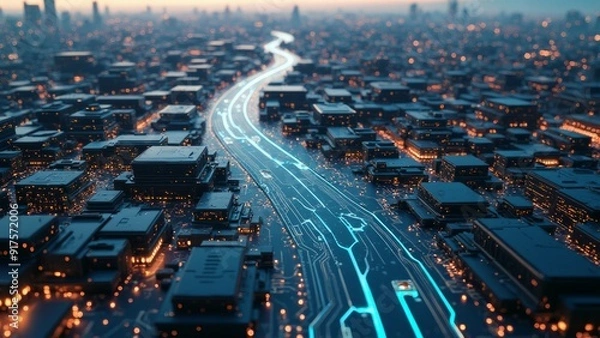 Fototapeta An aerial view of a futuristic city where the streets and buildings are made up of intricate circuit patterns. The cityscape glows with neon lights