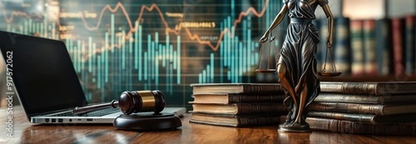 Obraz Close-up of law books, gavel, and laptop on a wooden desk in a modern office with a bar chart background, featuring a golden Lady Justice statue and copy space for legal marketing graphics

