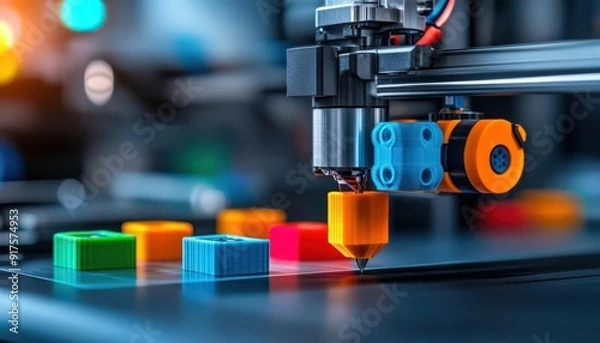 Fototapeta Close-up of a 3D printer creating colorful plastic shapes, showcasing advanced technology and creativity in digital fabrication.