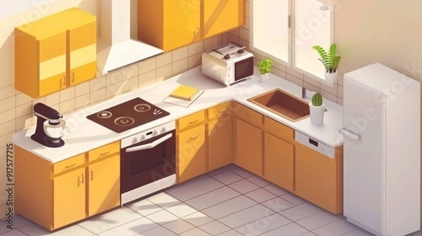 Obraz A small, modern kitchen featuring white cabinets, blue walls, and a checkered floor. Includes essential appliances like a stove and refrigerator, creating a clean and functional space.