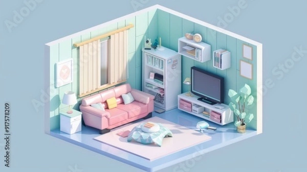 Fototapeta A brightly lit pink-themed bedroom for a young girl, featuring a comfortable bed, study desk, and playful decor, bathed in natural sunlight from a large window.